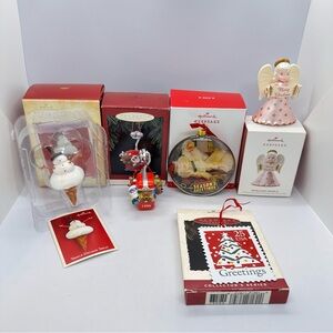 Lot/5 Hallmark Keepsake Ornaments Ice Cream Snowman Santa Angel Stamp Carpoolers